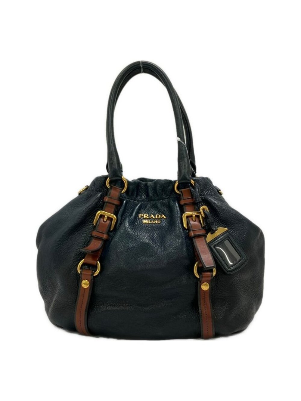 Prada Handbag Navy Brown Leather Tag 2-Way